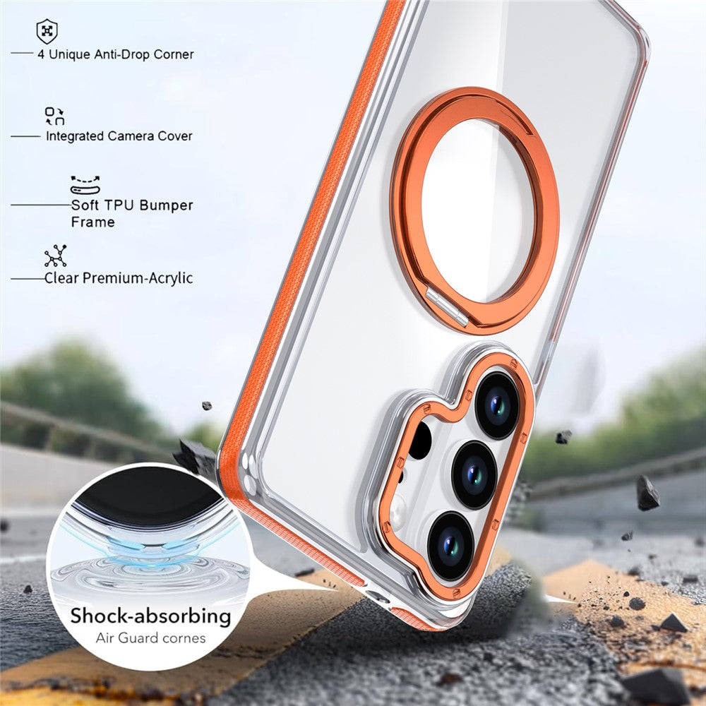 For Samsung Galaxy S25 Ultra Magnetic Case Rotating Ring Kickstand Dual Color Acrylic + TPU Clear Phone Cover