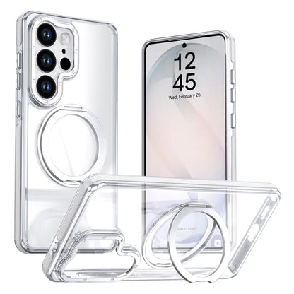 For Samsung Galaxy S25 Ultra Magnetic Case Rotating Ring Kickstand Dual Color Acrylic + TPU Clear Phone Cover
