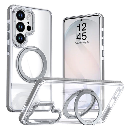For Samsung Galaxy S25 Ultra Magnetic Case Rotating Ring Kickstand Dual Color Acrylic + TPU Clear Phone Cover