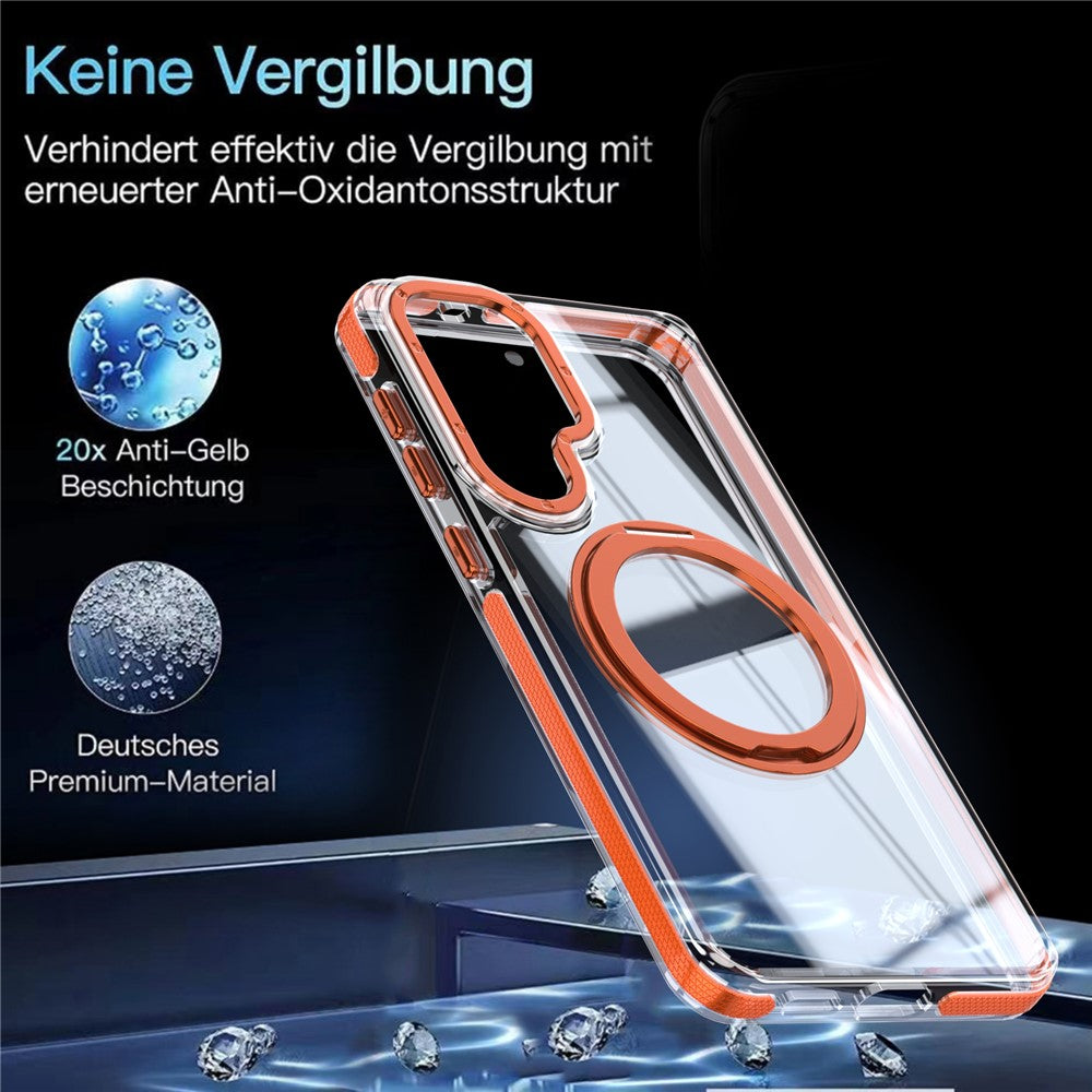For Samsung Galaxy S26+ Magnetic Case Rotating Ring Kickstand Dual Color Acrylic + TPU Clear Phone Cover