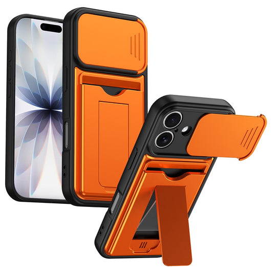 For iPhone 16 Case Slide Camera Cover Kickstand PC + TPU Phone Shell with Card Holder