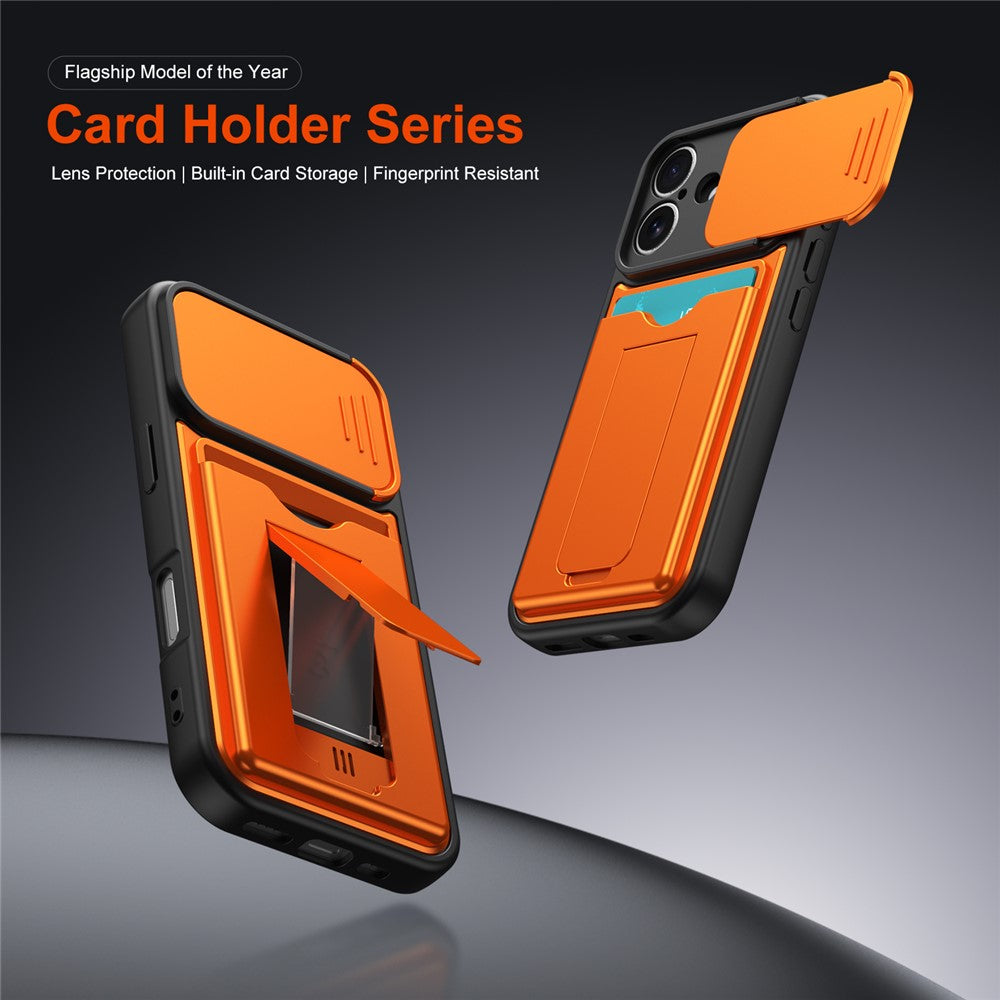 For iPhone 16 Case Slide Camera Cover Kickstand PC + TPU Phone Shell with Card Holder