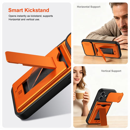 For iPhone 16 Case Slide Camera Cover Kickstand PC + TPU Phone Shell with Card Holder