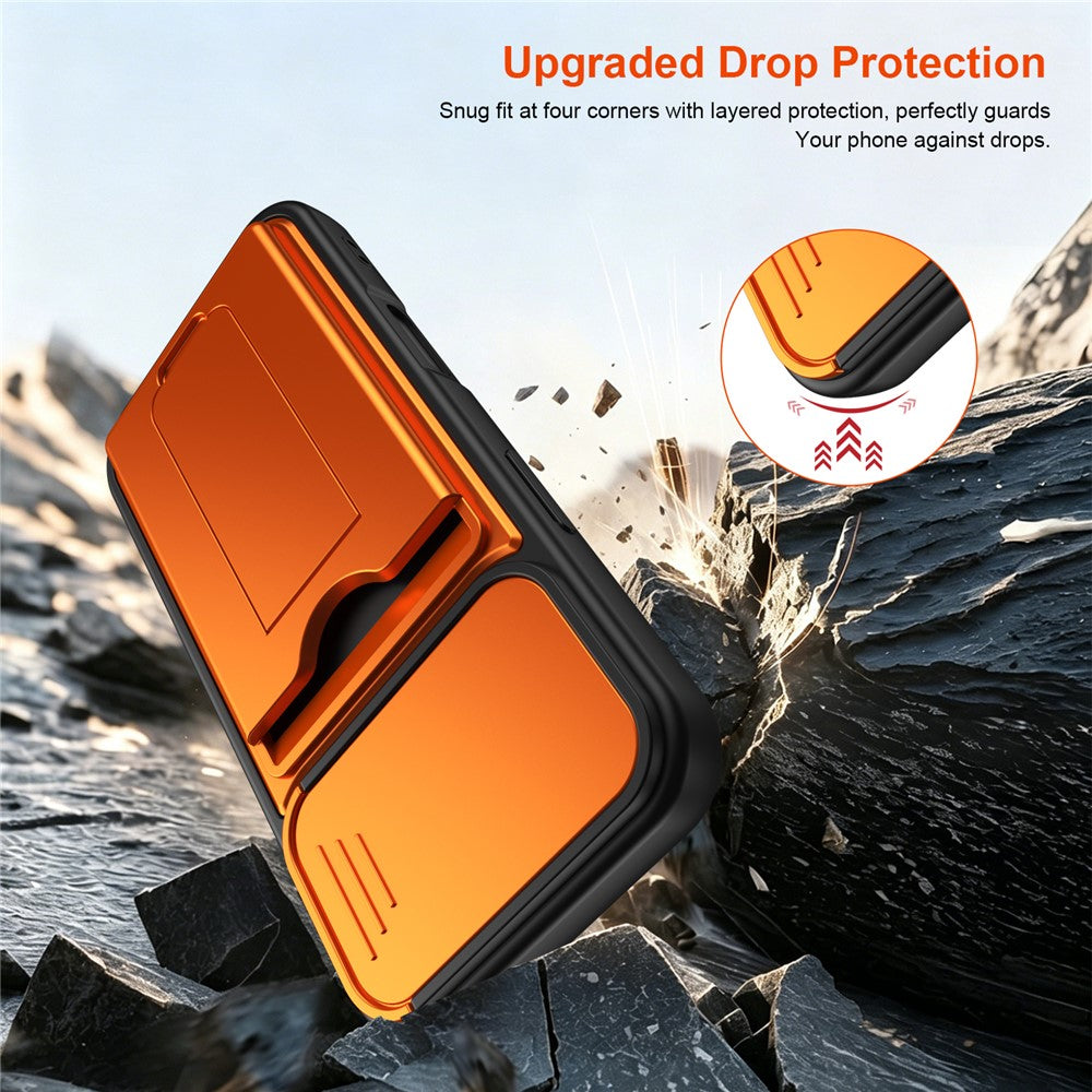 For iPhone 16 Case Slide Camera Cover Kickstand PC + TPU Phone Shell with Card Holder
