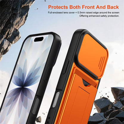 For iPhone 16 Case Slide Camera Cover Kickstand PC + TPU Phone Shell with Card Holder