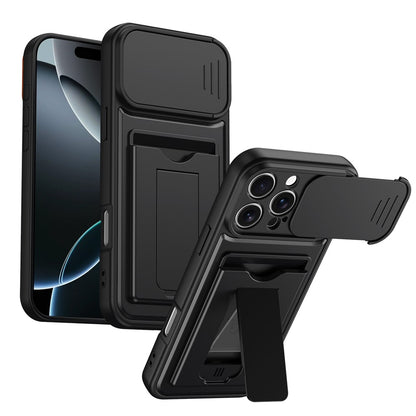 For iPhone 16 Pro Case Slide Camera Cover Kickstand PC + TPU Phone Shell with Card Holder