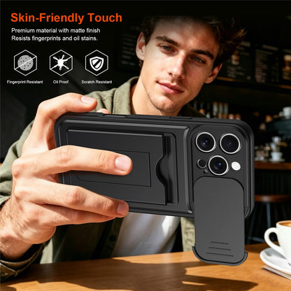 For iPhone 16 Pro Case Slide Camera Cover Kickstand PC + TPU Phone Shell with Card Holder