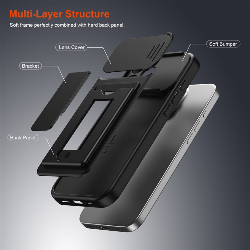 For iPhone 16 Pro Case Slide Camera Cover Kickstand PC + TPU Phone Shell with Card Holder