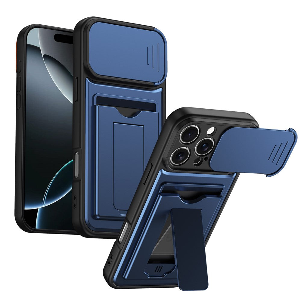 For iPhone 16 Pro Case Slide Camera Cover Kickstand PC + TPU Phone Shell with Card Holder