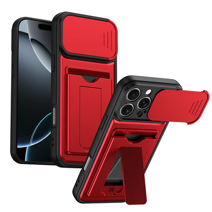 For iPhone 16 Pro Case Slide Camera Cover Kickstand PC + TPU Phone Shell with Card Holder
