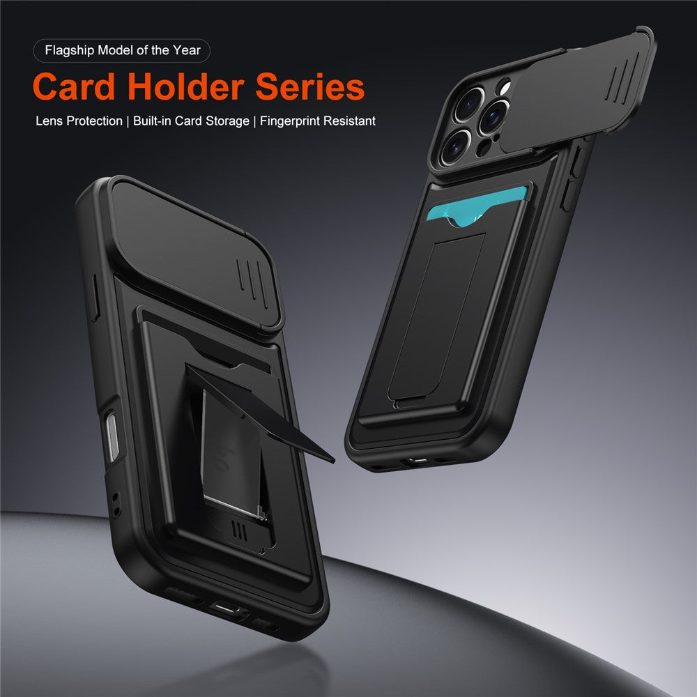 For iPhone 16 Pro Max Case Slide Camera Cover Kickstand PC + TPU Phone Shell with Card Holder