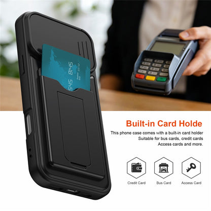 For iPhone 16 Pro Max Case Slide Camera Cover Kickstand PC + TPU Phone Shell with Card Holder