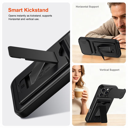 For iPhone 16 Pro Max Case Slide Camera Cover Kickstand PC + TPU Phone Shell with Card Holder