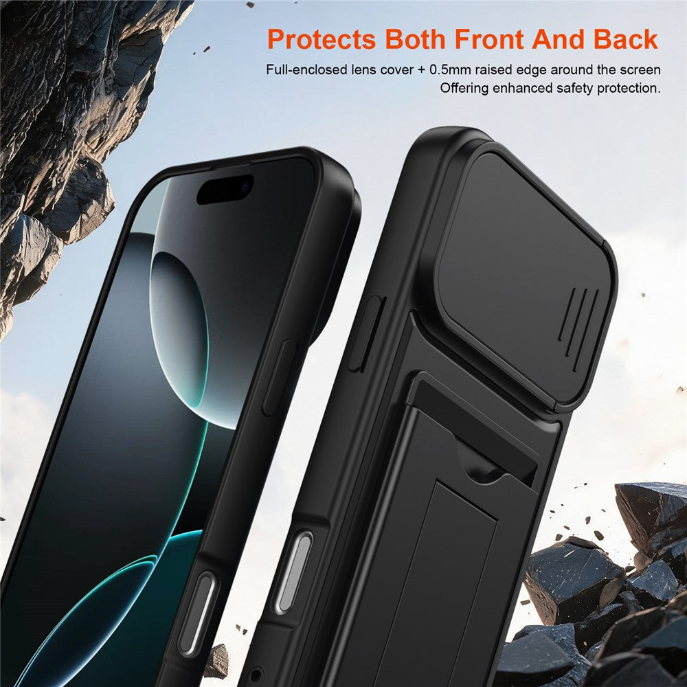 For iPhone 16 Pro Max Case Slide Camera Cover Kickstand PC + TPU Phone Shell with Card Holder