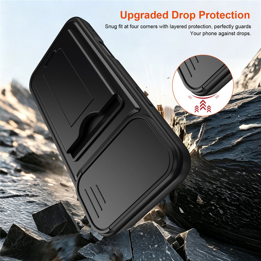 For iPhone 16 Pro Max Case Slide Camera Cover Kickstand PC + TPU Phone Shell with Card Holder