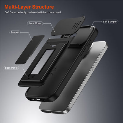 For iPhone 16 Pro Max Case Slide Camera Cover Kickstand PC + TPU Phone Shell with Card Holder