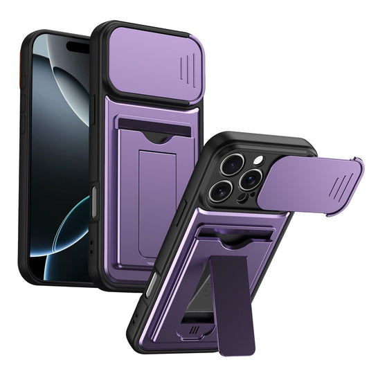 For iPhone 16 Pro Max Case Slide Camera Cover Kickstand PC + TPU Phone Shell with Card Holder