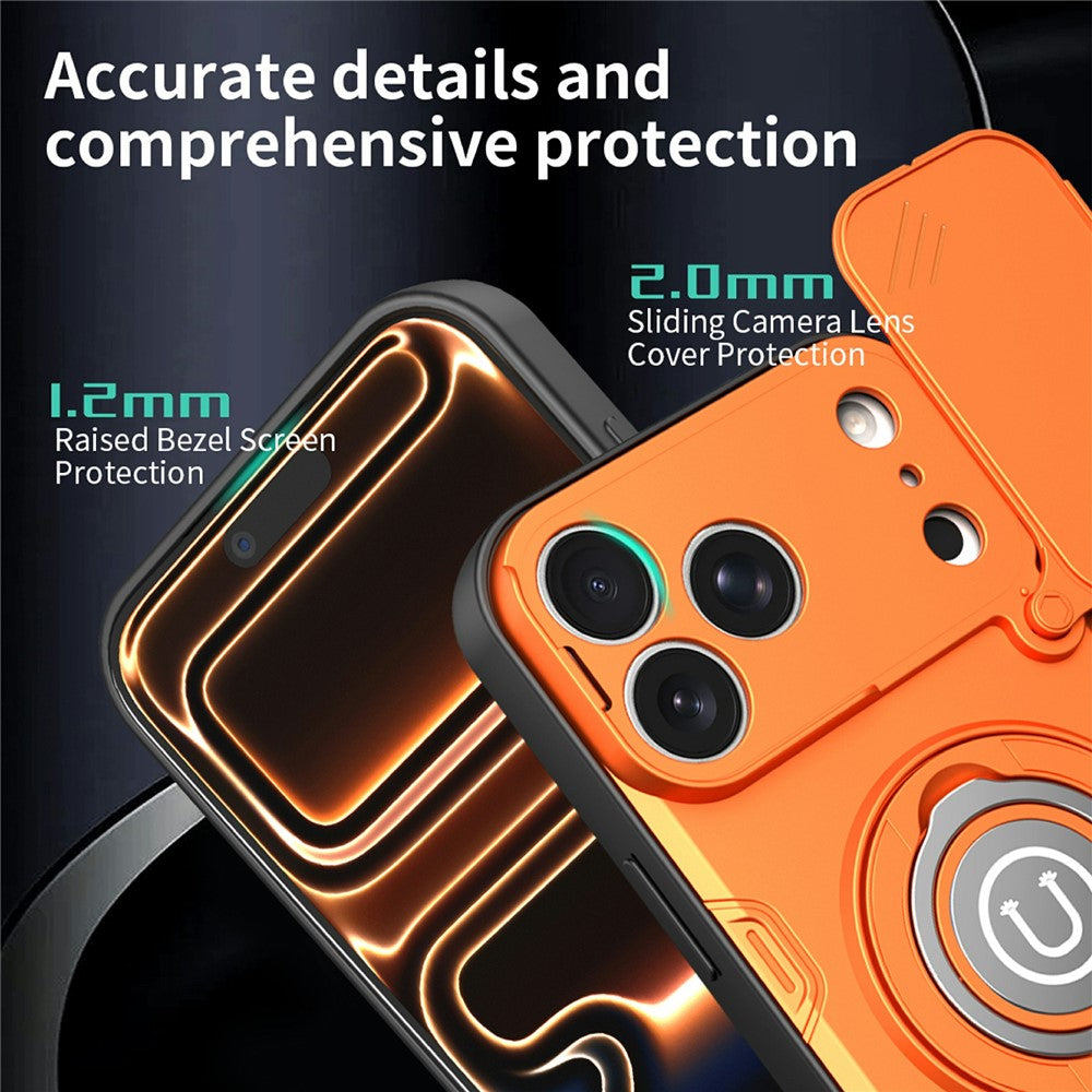 For iPhone 17 Pro Case Sliding Camera Cover Ring Kickstand PC + TPU Phone Shell with Tempered Glass Film