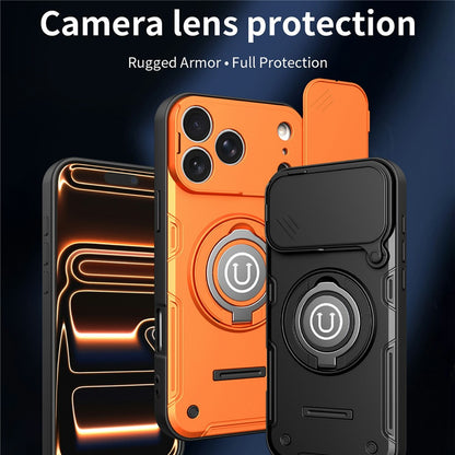 For iPhone 17 Pro Case Sliding Camera Cover Ring Kickstand PC + TPU Phone Shell with Tempered Glass Film