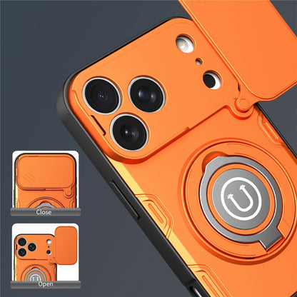 For iPhone 17 Pro Case Sliding Camera Cover Ring Kickstand PC + TPU Phone Shell with Tempered Glass Film