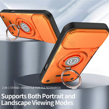 For iPhone 17 Pro Case Sliding Camera Cover Ring Kickstand PC + TPU Phone Shell with Tempered Glass Film