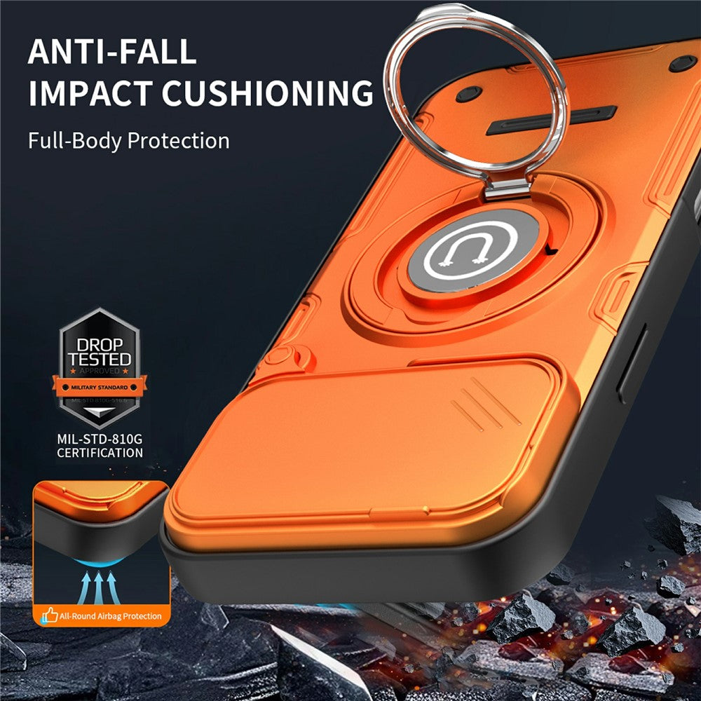 For iPhone 17 Pro Case Sliding Camera Cover Ring Kickstand PC + TPU Phone Shell with Tempered Glass Film