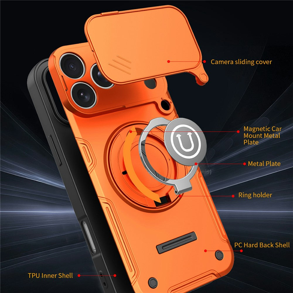 For iPhone 17 Pro Case Sliding Camera Cover Ring Kickstand PC + TPU Phone Shell with Tempered Glass Film