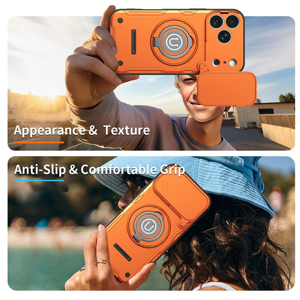 For iPhone 17 Pro Case Sliding Camera Cover Ring Kickstand PC + TPU Phone Shell with Tempered Glass Film