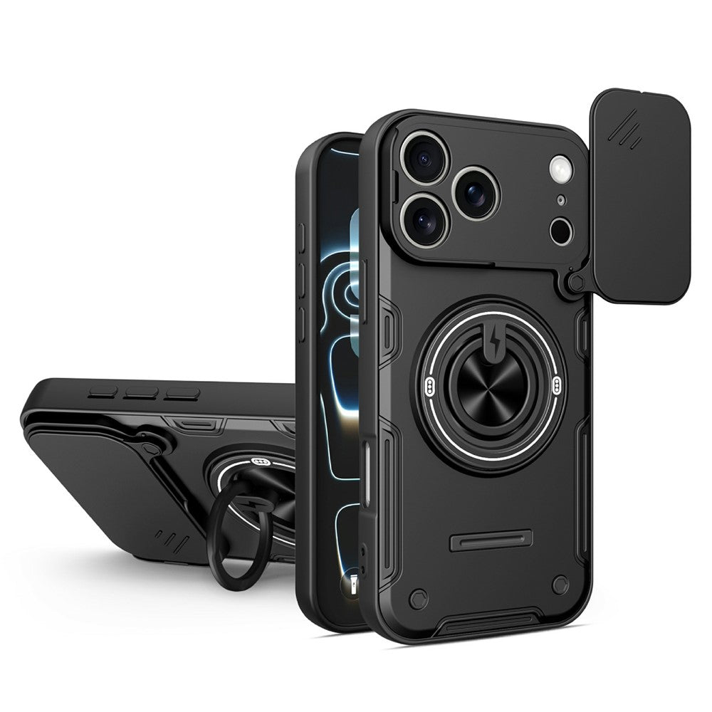 For iPhone 17 Pro Case Sliding Camera Cover Ring Kickstand PC + TPU Phone Shell with Tempered Glass Film