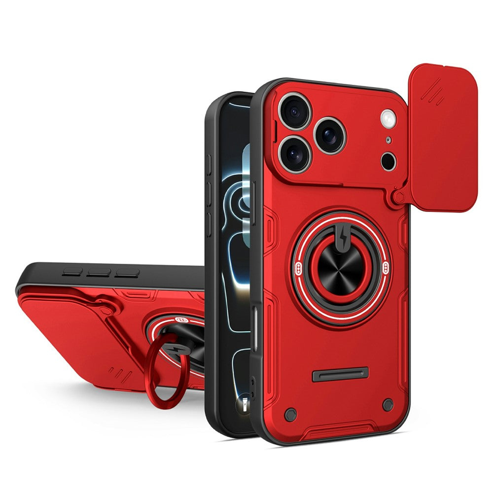 For iPhone 17 Pro Case Sliding Camera Cover Ring Kickstand PC + TPU Phone Shell with Tempered Glass Film