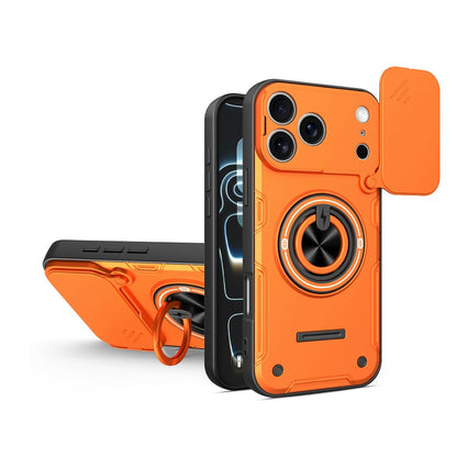 For iPhone 17 Pro Max Case Sliding Camera Cover Ring Kickstand PC + TPU Phone Shell with Tempered Glass Film