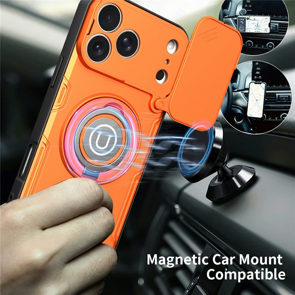 For iPhone 17 Pro Max Case Sliding Camera Cover Ring Kickstand PC + TPU Phone Shell with Tempered Glass Film