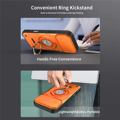 For iPhone 17 Pro Max Case Sliding Camera Cover Ring Kickstand PC + TPU Phone Shell with Tempered Glass Film