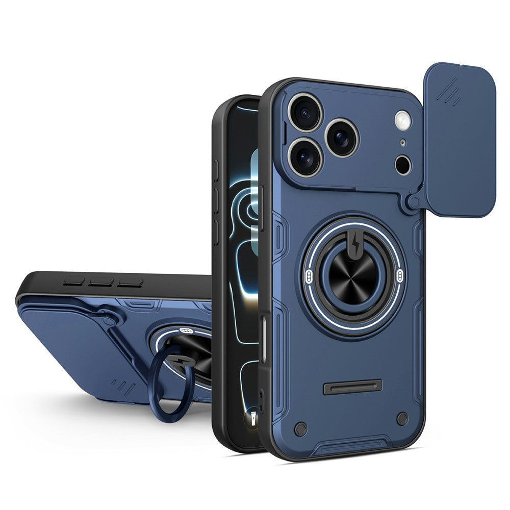 For iPhone 17 Pro Max Case Sliding Camera Cover Ring Kickstand PC + TPU Phone Shell with Tempered Glass Film