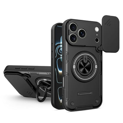 For iPhone 17 Pro Max Case Sliding Camera Cover Ring Kickstand PC + TPU Phone Shell with Tempered Glass Film