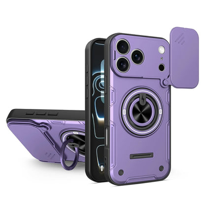 For iPhone 17 Pro Max Case Sliding Camera Cover Ring Kickstand PC + TPU Phone Shell with Tempered Glass Film