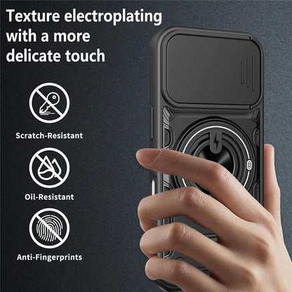 For iPhone 17 Case Sliding Camera Cover Ring Kickstand PC + TPU Phone Shell with Tempered Glass Film