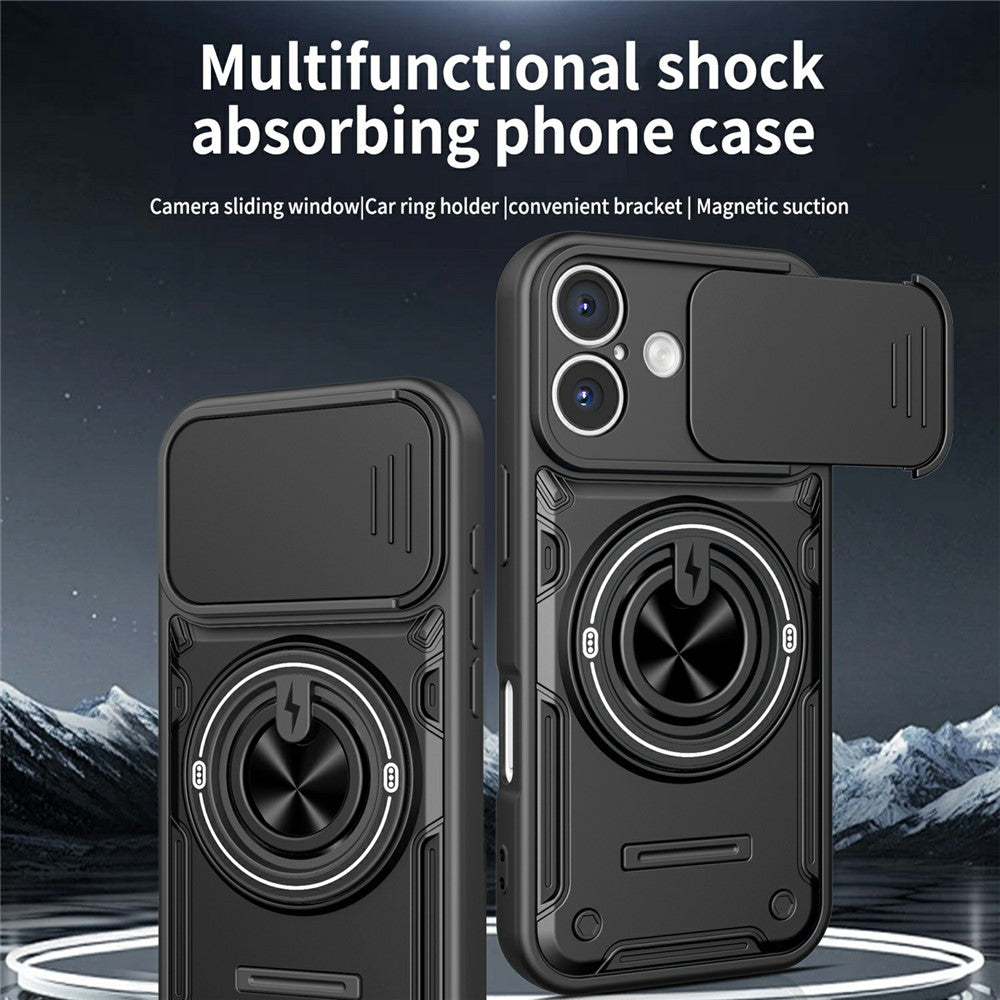 For iPhone 17 Case Sliding Camera Cover Ring Kickstand PC + TPU Phone Shell with Tempered Glass Film