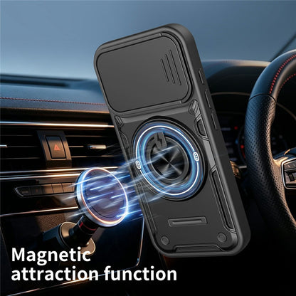For iPhone 17 Case Sliding Camera Cover Ring Kickstand PC + TPU Phone Shell with Tempered Glass Film