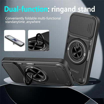 For iPhone 17 Case Sliding Camera Cover Ring Kickstand PC + TPU Phone Shell with Tempered Glass Film
