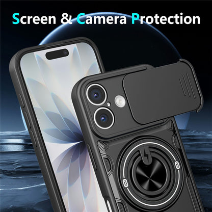 For iPhone 17 Case Sliding Camera Cover Ring Kickstand PC + TPU Phone Shell with Tempered Glass Film