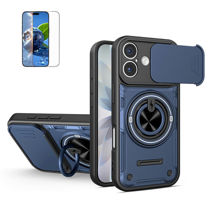 For iPhone 17 Case Sliding Camera Cover Ring Kickstand PC + TPU Phone Shell with Tempered Glass Film