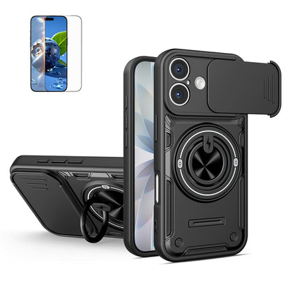 For iPhone 17 Case Sliding Camera Cover Ring Kickstand PC + TPU Phone Shell with Tempered Glass Film