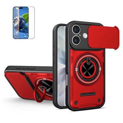 For iPhone 17 Case Sliding Camera Cover Ring Kickstand PC + TPU Phone Shell with Tempered Glass Film