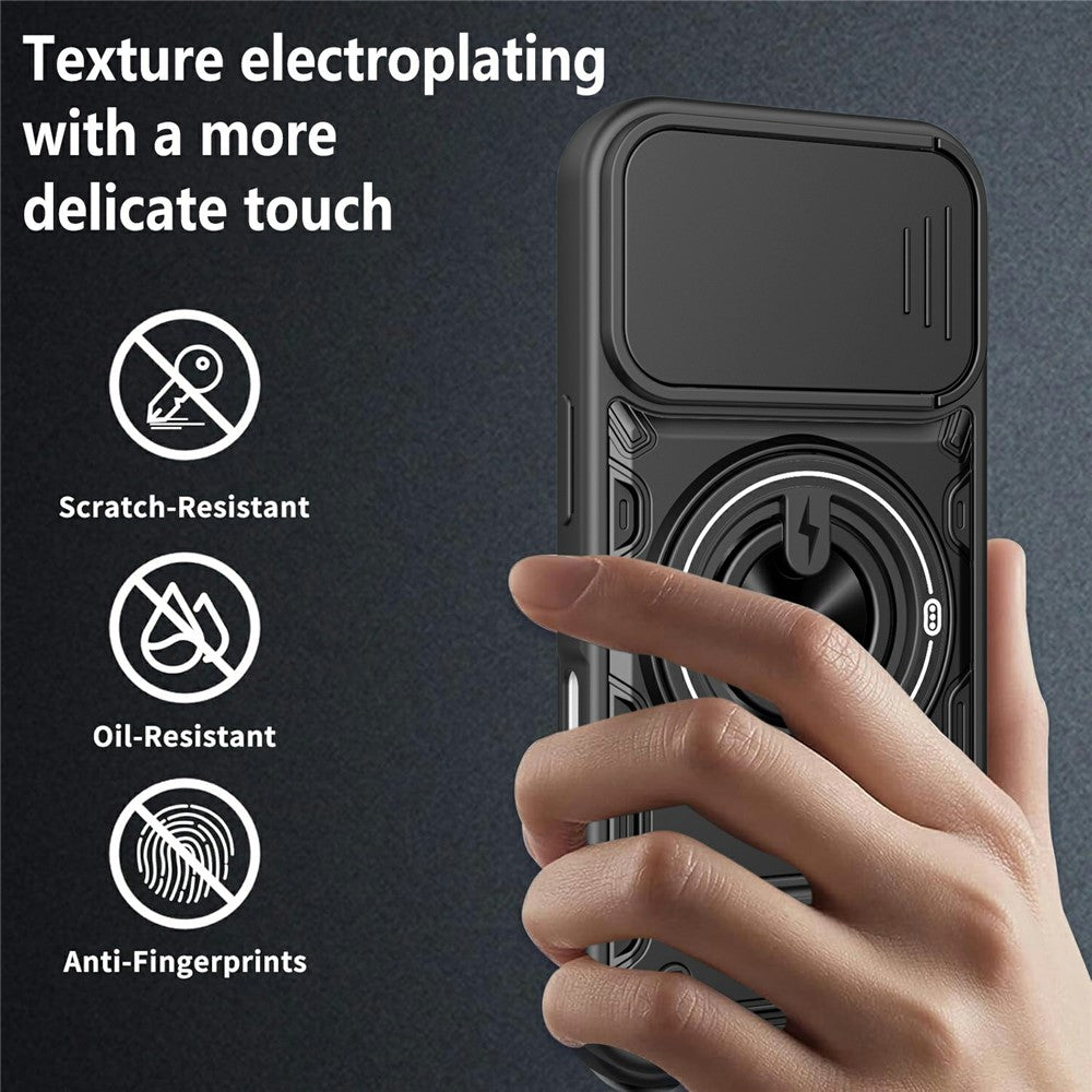 For iPhone 16 Case Sliding Camera Cover Ring Kickstand PC + TPU Phone Shell with Tempered Glass Film
