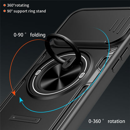 For iPhone 16 Case Sliding Camera Cover Ring Kickstand PC + TPU Phone Shell with Tempered Glass Film