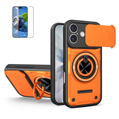 For iPhone 16 Case Sliding Camera Cover Ring Kickstand PC + TPU Phone Shell with Tempered Glass Film