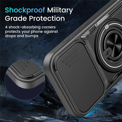 For iPhone 16 Case Sliding Camera Cover Ring Kickstand PC + TPU Phone Shell with Tempered Glass Film