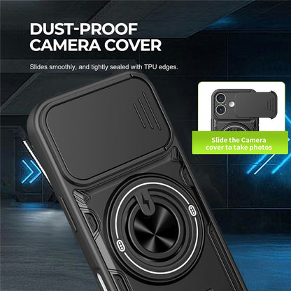 For iPhone 16 Case Sliding Camera Cover Ring Kickstand PC + TPU Phone Shell with Tempered Glass Film