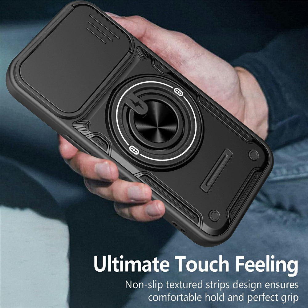 For iPhone 16 Case Sliding Camera Cover Ring Kickstand PC + TPU Phone Shell with Tempered Glass Film